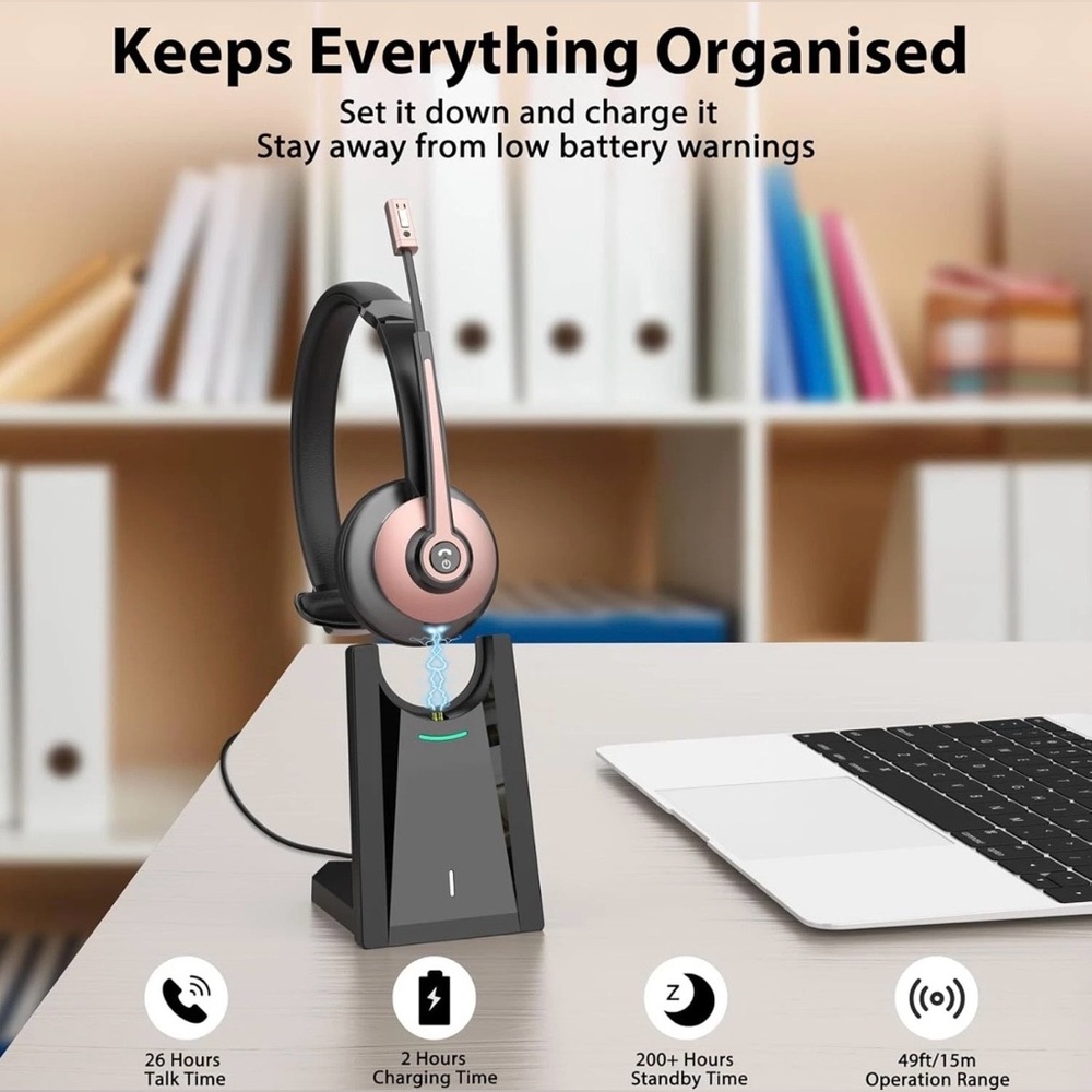 🩷 Microphone & Charging Base, Wireless Headset with Mic Mute & USB Dongle - Picture 5 of 15